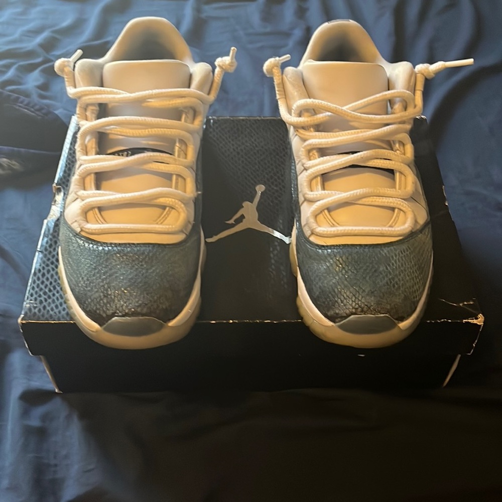 Jordan’s 11s snake skins blue and comes with original box